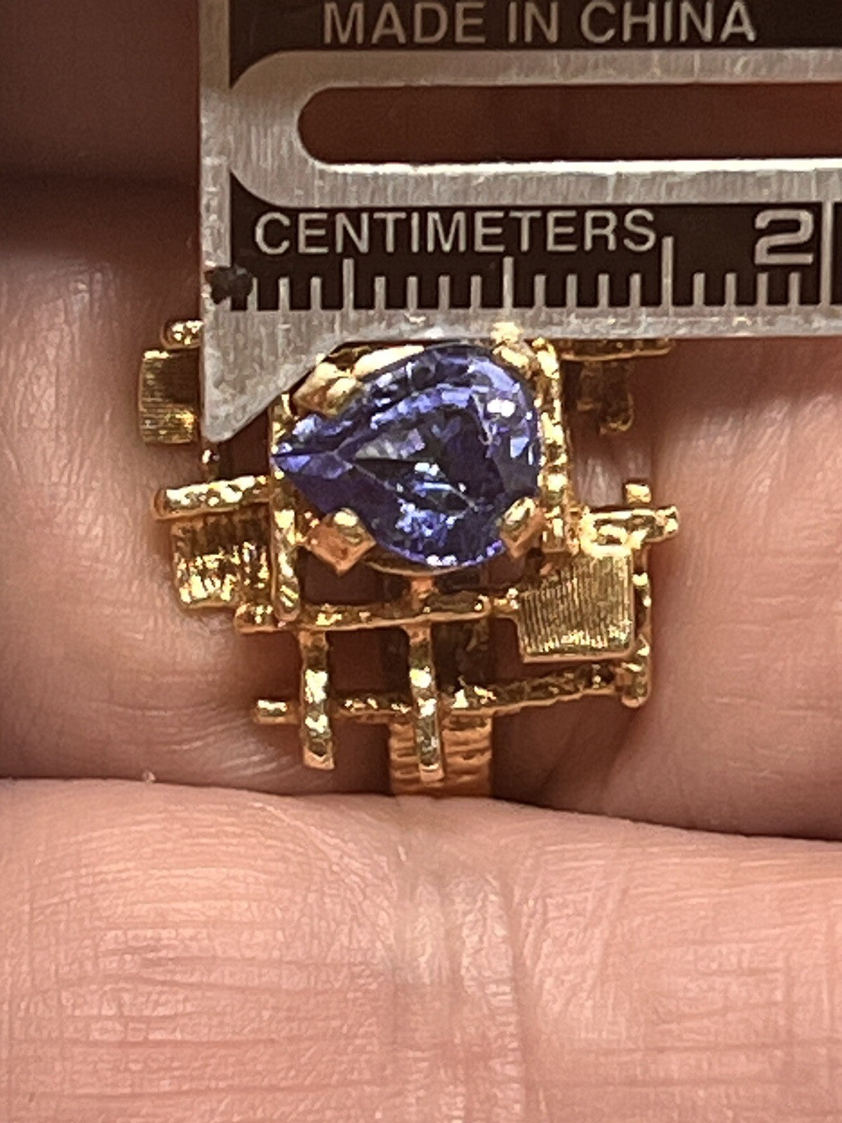 1980s Estate Tanzanite 14K Gold Geometric Cocktail Ring 6.7g Signed SJ