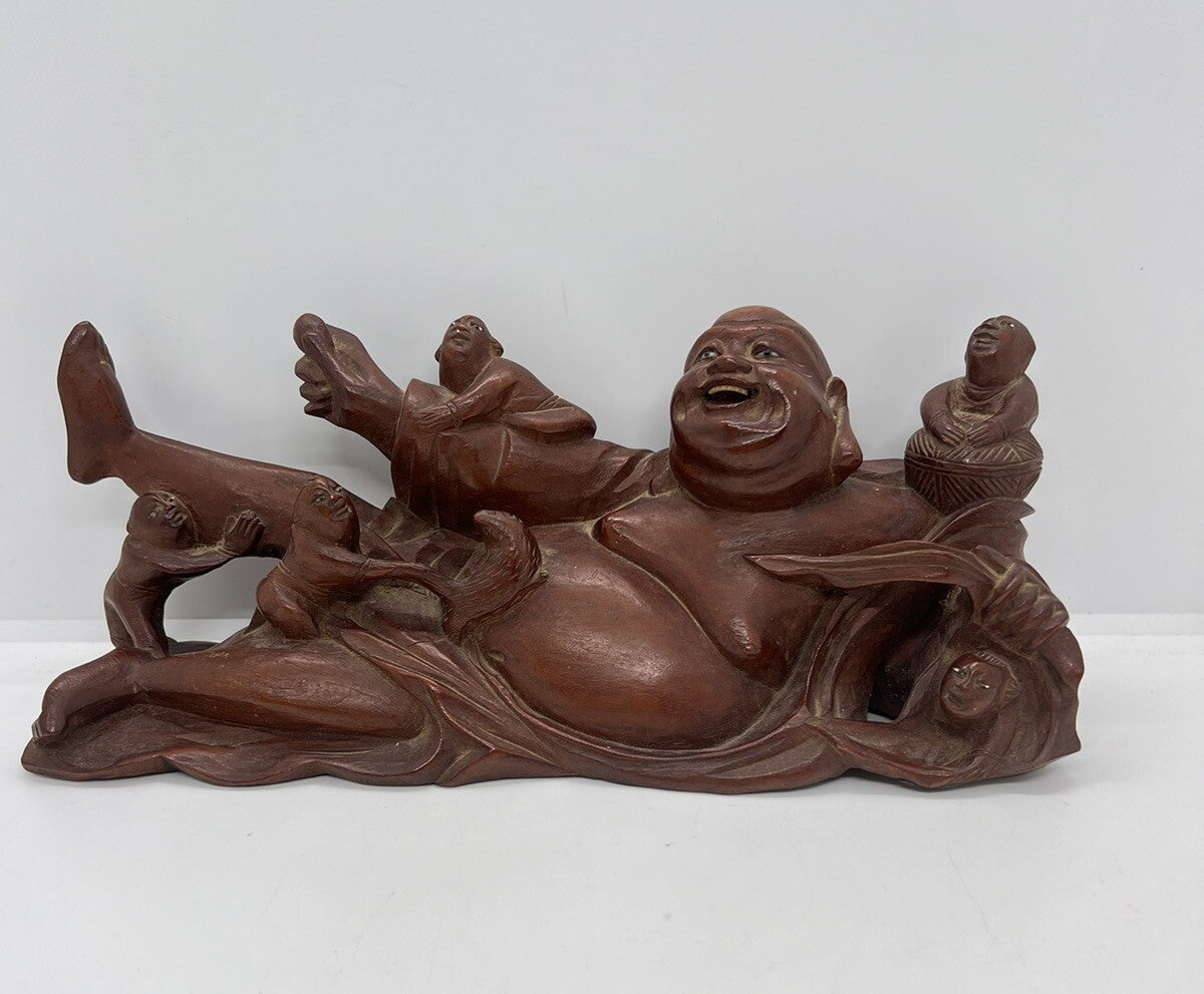 Antique Chinese Carved Boxwood Reclining Hotei Happy Buddha Wood No Base
