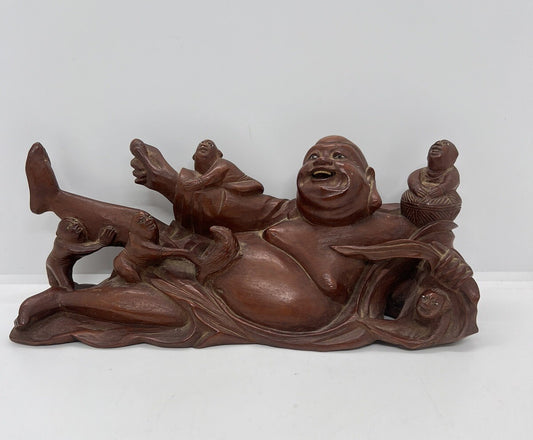Antique Chinese Carved Boxwood Reclining Hotei Happy Buddha Wood No Base